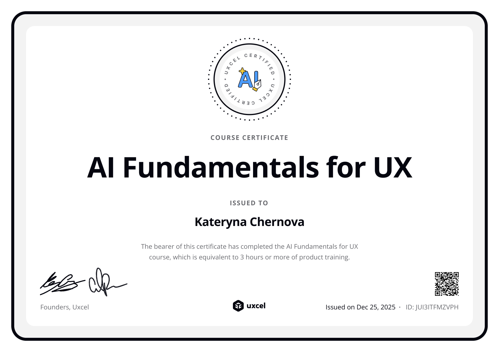 Kateryna Chernova's certificate